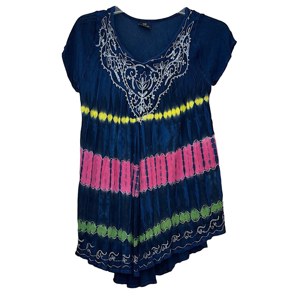 SB Fashion blue pink yellow green tie dye embroidery short sleeve top size 1X